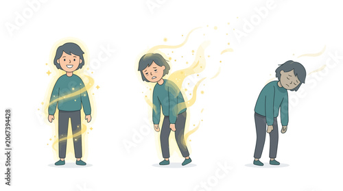 Illustration of a cartoon man experiencing back pain in three stages with yellow sparks on a white background.