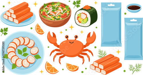 Assorted Seafood and Surimi Products Illustration with Crab and Sushi.
