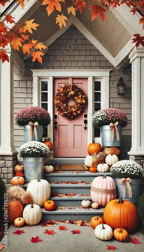 Charming Fall Porch with Pink Door and Stacked Pumpkins