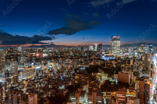 Wide-angle evening view of the illuminated Tokyo cityscape at sunset, with the distinct silhouette of Mount Fuji against an orange sky in the background.