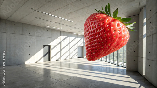 Giant Strawberry Floating in Modern Interior