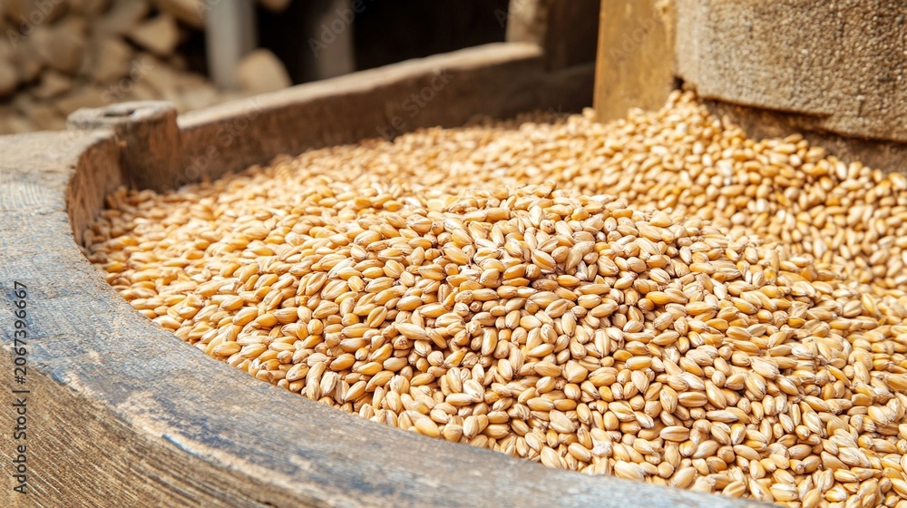 Obraz premium trough. Golden wheat grains spilling from an ancient stone mill into a wooden trough. safety posters, maintenance manuals, designed for precision metalworking and fabrication facilities.