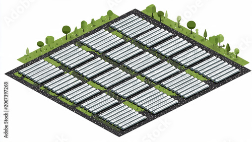 Large solar panel farm with solar panels arranged in rows on sunny day