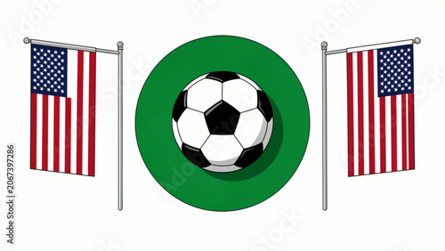 soccer ball with flags of united states displayed on either side for sports event or international competition