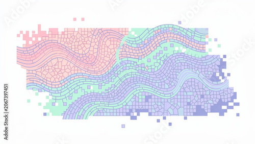 Abstract digital mosaic with pastel colors and flowing lines for modern visual design