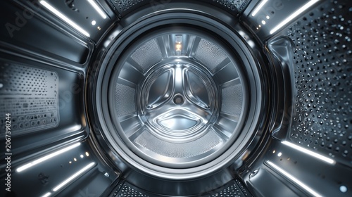Clean clothes spin in a modern washing machine drum during a laundry cycle at home in the afternoon