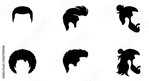 Foto Male hairstyle silhouettes set, 6 black vector hair icons for men, diverse mascu