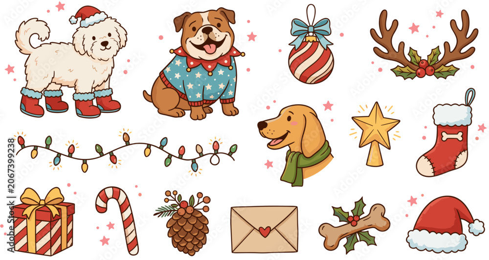 Obraz premium Christmas Dog Sticker Set with Festive Holiday Elements and Cute Puppies.