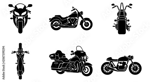 Tableau sur toile Motorcycle silhouette collection, set of 6 black motorbike vector icons, cruiser