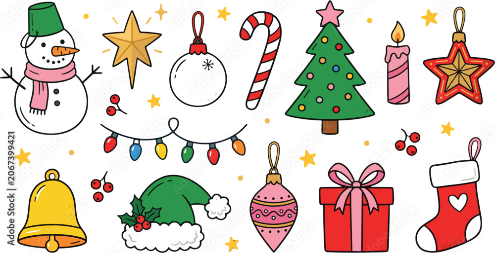 Fototapeta premium Christmas Holiday Hand Drawn Doodle Icons Collection on Black Background.