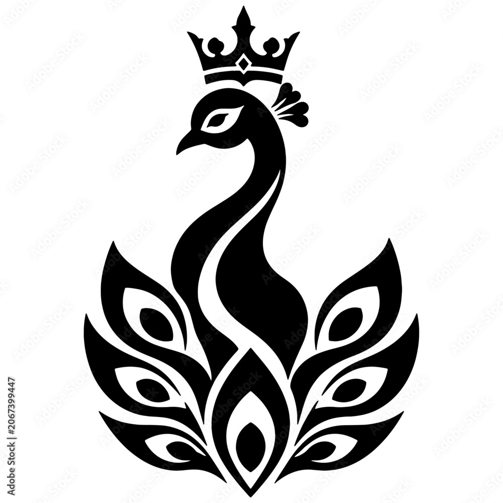 Fototapeta premium Royal peacock icon vector, black and white crowned peafowl silhouette, elegant luxury bird emblem isolated on white background
