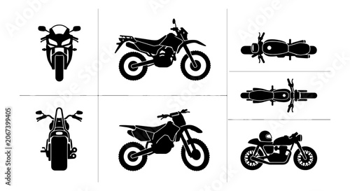 Konstfotografi Black motorcycle silhouette collection, 7 motorbike vector icons in front side a