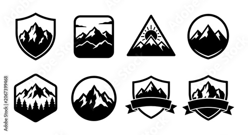 Vintage mountain logo set with 8 outdoor adventure badges, black and white nature crests, rustic wilderness peak icons for camping and hiking branding