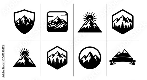 Vintage mountain logo set, 8 black and white outdoor adventure icons, rustic peak emblems for camping and hiking apparel, minimalist nature vector badges
