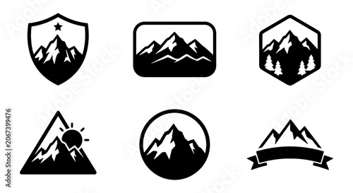 Vintage mountain logo set, black and white outdoor adventure badges, 6 minimalist nature emblems for camping and hiking apparel