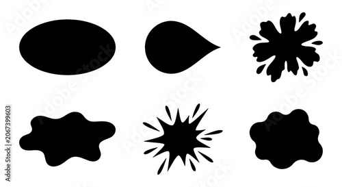 Fotografie Black ink splash silhouettes, set of 6 liquid splatter shapes, abstract paint bl