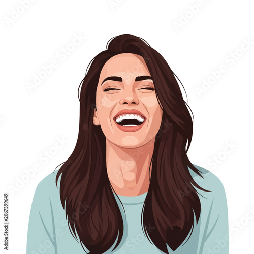 Vector illustration of a laughing young woman with long dark brown hair and closed eyes, wearing a light blue shirt, isolated on a white background, clean flat graphic art style.