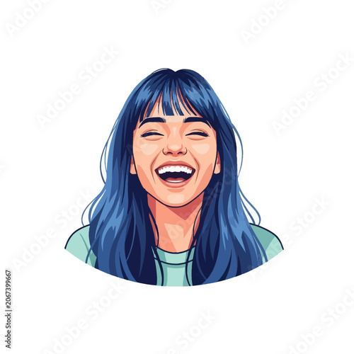 Vector illustration of a joyful young woman with long dark blue hair and bangs laughing heartily with eyes closed, wearing a light green shirt, isolated on white background.