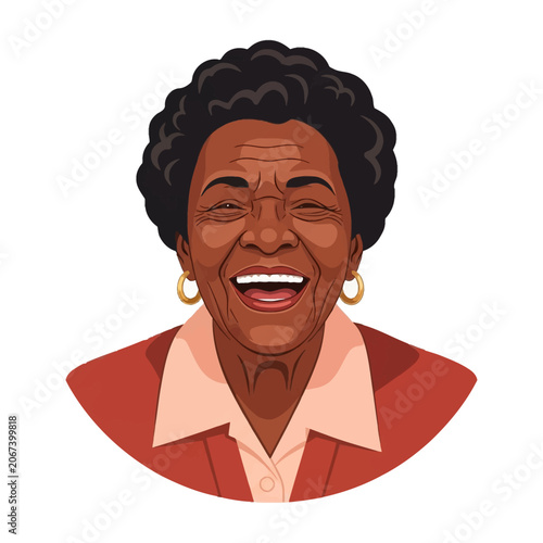 Flat vector portrait of a laughing senior African American woman with short curly black hair, gold hoop earrings, and red blazer over pink collar, isolated on white background.