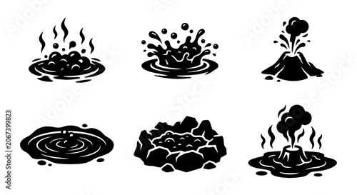 Fotografie Volcanic eruption and geothermal activity icons, black silhouette set of 6 boili