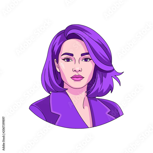 Vector illustration of a young woman with short purple hair and violet eyes, wearing a matching purple blazer jacket, isolated on white background, stylized pop art portrait.
