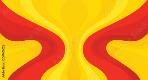 Abstract symmetrical background featuring vibrant yellow and red layered wavy patterns. Dynamic fluid organic curves create a decorative psychedelic graphic for digital backdrop.
