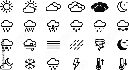 Billede på lærred Comprehensive Set of Weather Icons Featuring Sun, Clouds, Rain, Snow, Storm, Win