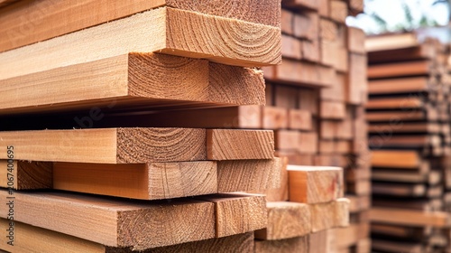 douglas. Stack of fresh Douglas fir lumber highlighting the wood's warm grain. safety posters, maintenance manuals, designed for industrial assembly lines and welding operations, used by engineers.