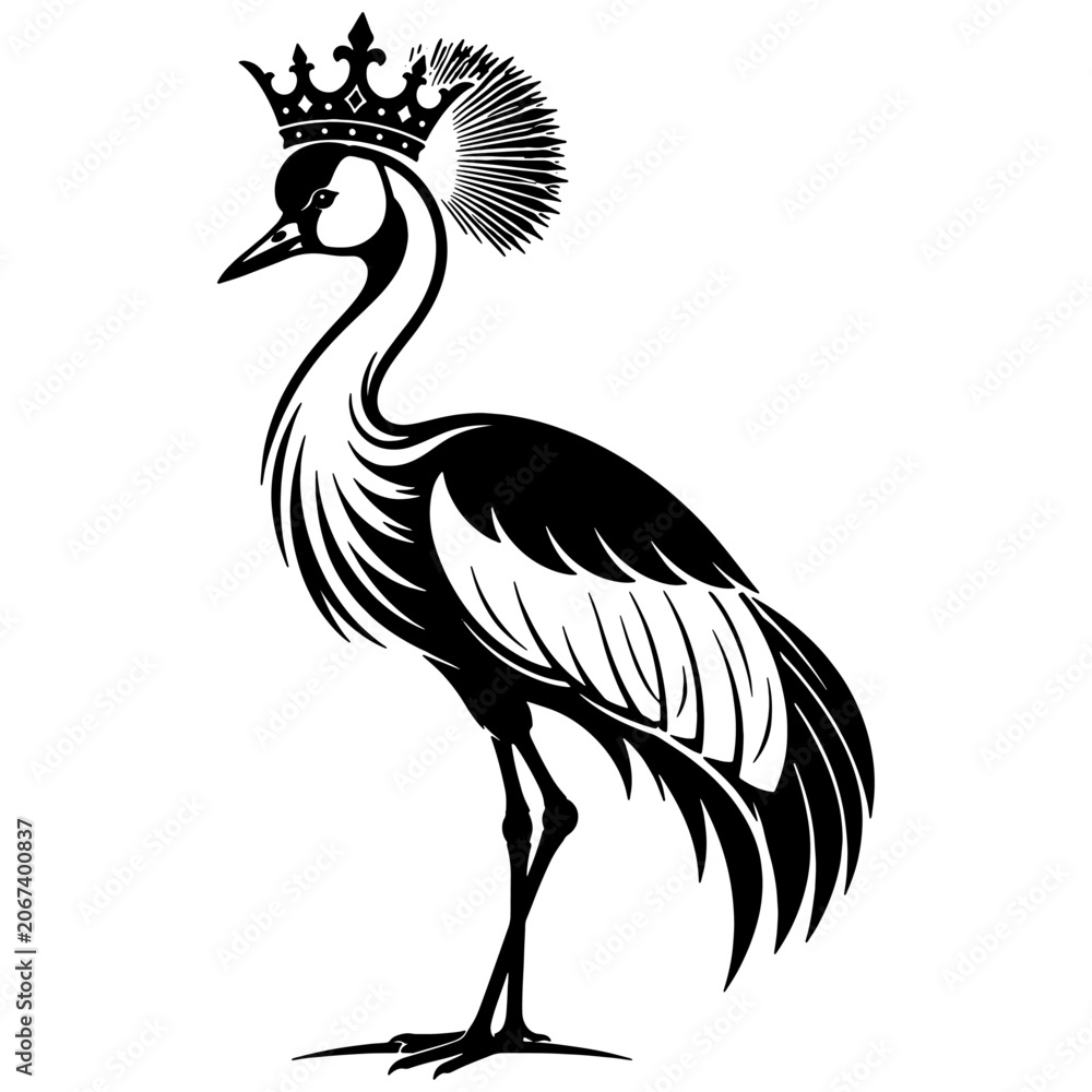 Fototapeta premium Royal crowned crane vector illustration, black and white wild bird silhouette, elegant African crane wildlife icon isolated on white background