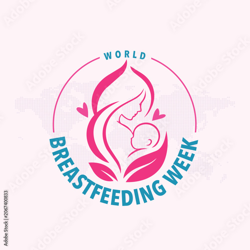 World Breastfeeding Week logo featuring a mother and baby silhouette with heart elements, symbolizing maternal care, infant nutrition, breastfeeding support, and global health awareness.