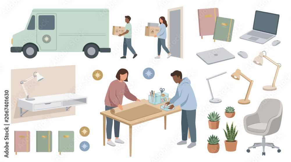 Fototapeta premium Soft Minimalist Home Office Study Space Eco Vector Bundle featuring Floating Desk and Delivery Van Icons Designed for Blank Textless Student Branding