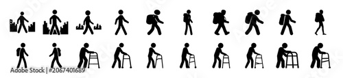 Diverse people walking and using mobility aids icons - Flat icons showing people walking, some using canes or walkers, representing inclusivity and accessibility in various everyday activities.