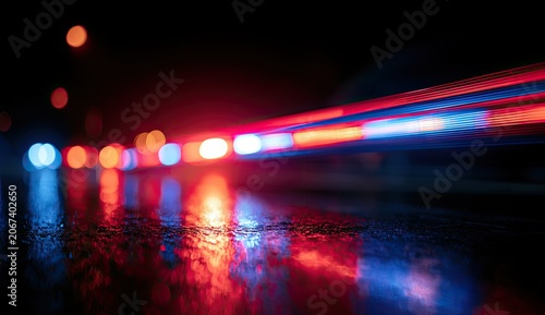 Streaking neon lights blur over a wet, reflective surface at night