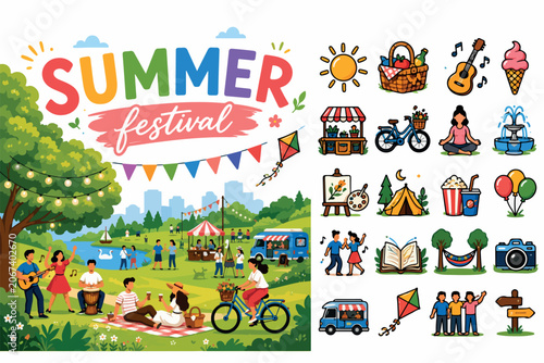 Summer festival vector set with outdoor park event scene, colorful holiday activity icons, picnic and music festival elements collection isolated PNG with Transparent Background