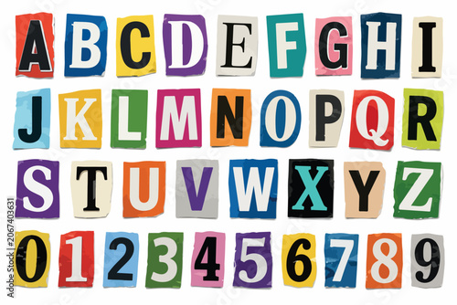 Ransom note alphabet and numbers vector set, colorful magazine cutout letters, punk style collage typography for anonymous message design isolated PNG with Transparent Background