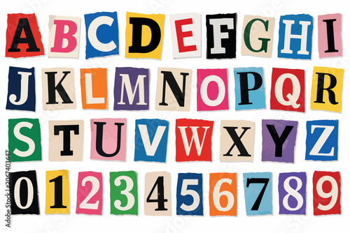 Ransom note alphabet and numbers set, colorful newspaper cutout letters vector, vintage magazine collage typography for anonymous messages isolated PNG with Transparent Background