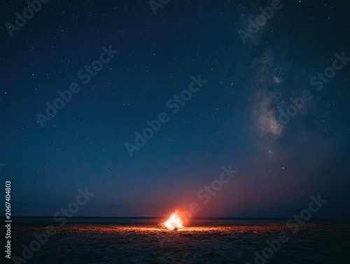 A solitary campfire burns brightly on a sandy plain under a starry night sky