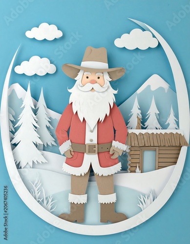 Santa in a cowboy hat, paper cut style