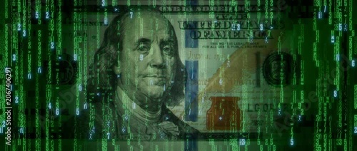 Electronic Money Concept with One Hundred Dollar Bill made from Animated Code. Modern Banking Background.