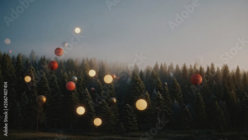Dark winter forest with scattered festive lights