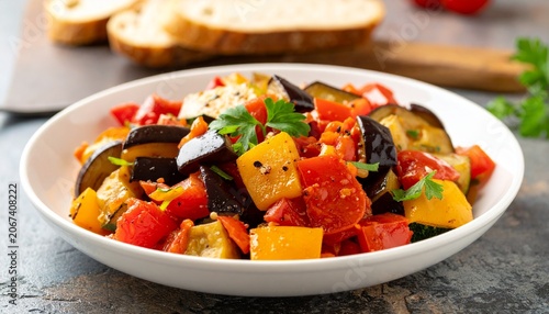 Delicious vegetable ratatouille in white bowl.