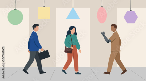 Diverse people walking in modern setting, man with prosthetic arm waving