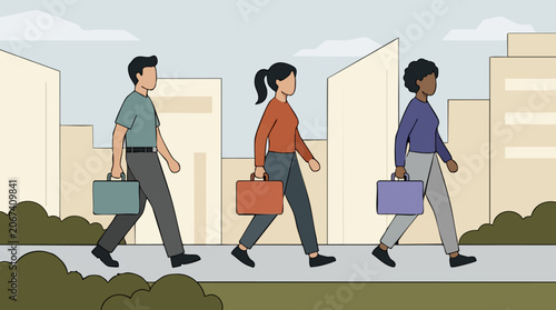 Diverse professionals walking with briefcases in a modern city illustration