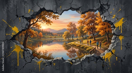 Autumn landscape with lake and walking path through trees at sunset