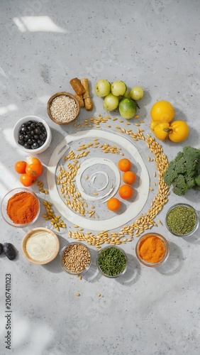 Grains spices and vegetables circular composition