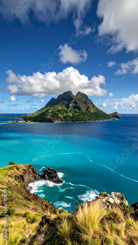 Scenic island vista with turquoise waters and dramatic clouds
