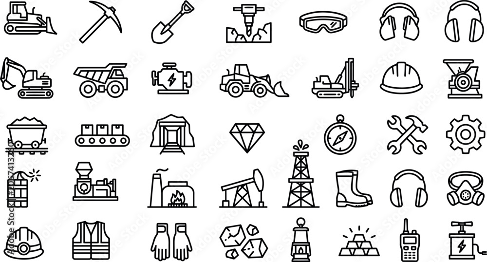 Fototapeta premium Collection of black line icons related to mining and industry