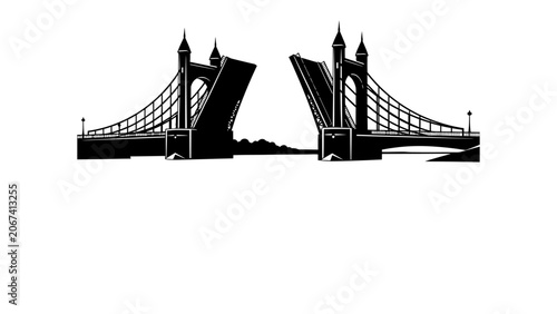 Foto Bascule Bridge Silhouette: A stark black silhouette of a bascule bridge is captured in mid-operation, its two halves rising towards the sky over a waterway, symbolizing connection and passage