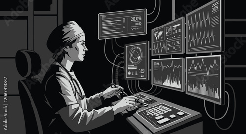 Medical Professional Analyzing Data on Display Screens in Futuristic Environment