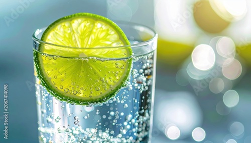 Carbonated water with a lime slice in a clear glass, refreshing beverage styling